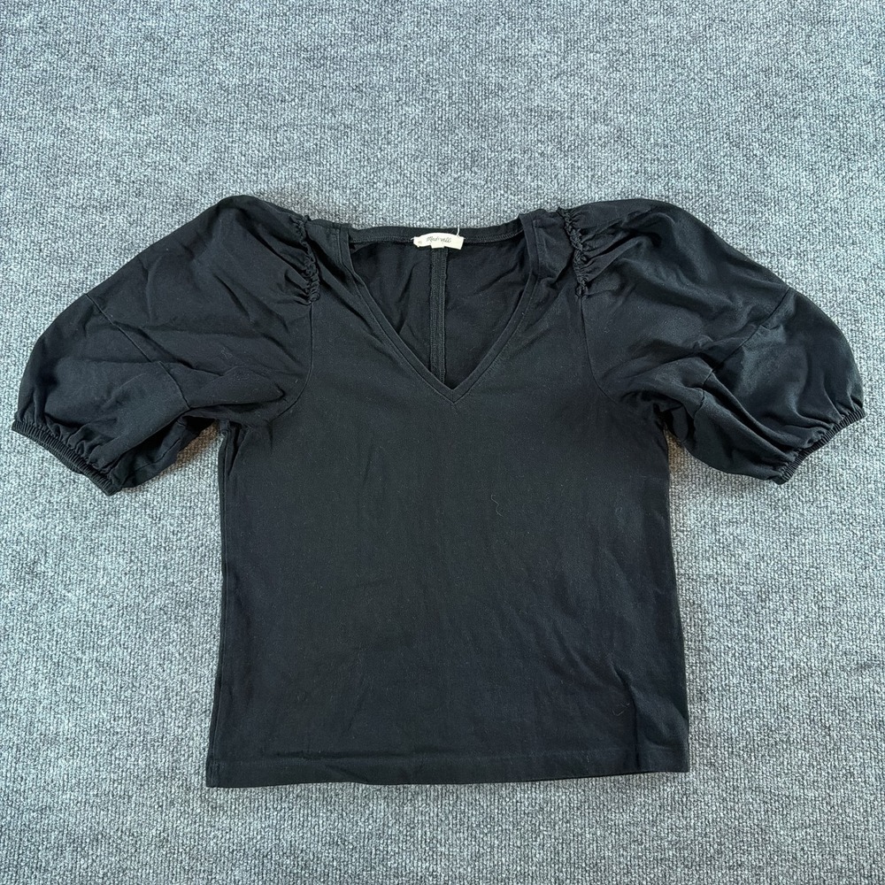 Madewell Black Puff Sleeve V-Neck T-Shirt Cotton Top Small Monochrome Casual